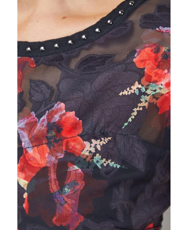 Oasis Women's Floral Stud Trim Puff Sleeve Midi Dress