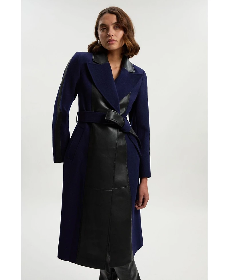 Karen Millen Women's Wool Pu Mix Belted Midi Coat