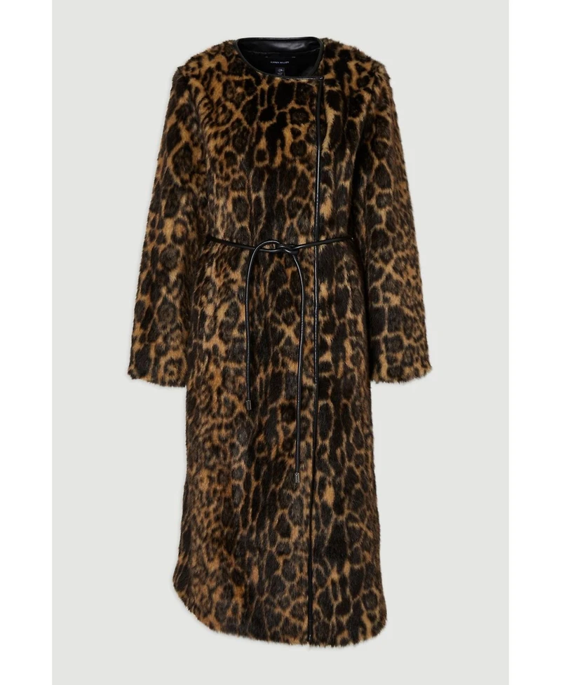 Karen Millen Women's Faux Fur Collarless Tie Belted Midi Coat
