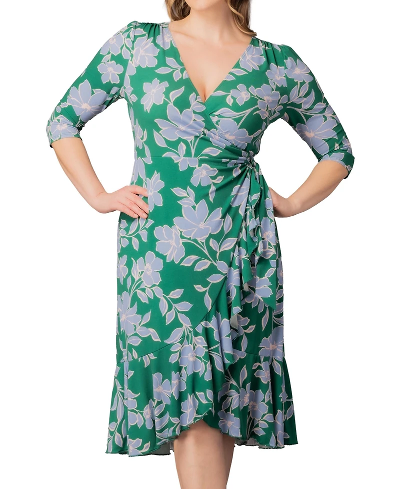 Kiyonna Plus Flirty Flounce Midi Wrap Dress with 3/4 Sleeves