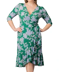 Kiyonna Plus Flirty Flounce Midi Wrap Dress with 3/4 Sleeves