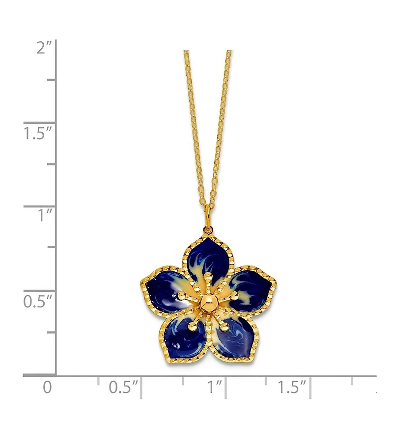 Curata Jewelry 14K Yellow Gold 18 Inch Italian Navy Enamel Textured Plumeria Necklace
