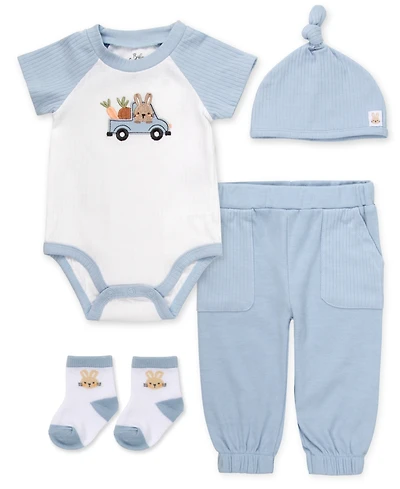 Baby Essentials Boys' Bunny-In-a-Truck Graphic Bodysuit & Pull-On Pants, 4-Piece Set