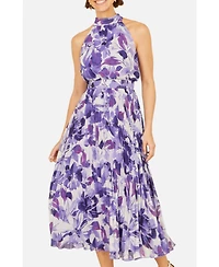 Yumi Women's Floral Halter Neck Pleated Midi Dress