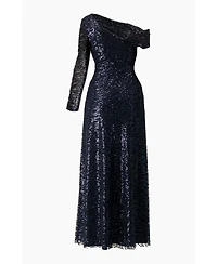 Ivonne Women's Embroided Gown with Front Slit and One Sleeve