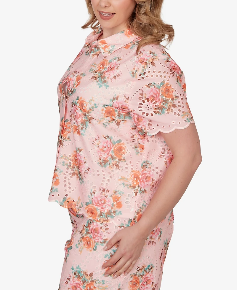 Ruby Rd. Plus Floral Scalloped Hem Camp Shirt