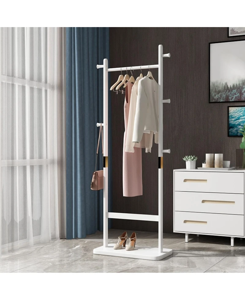 Rainsken Solid Wood Coat Rack, Freestanding Clothes Organizer with Hanging Rod, Hooks, Storage Stand for Coats and Bags