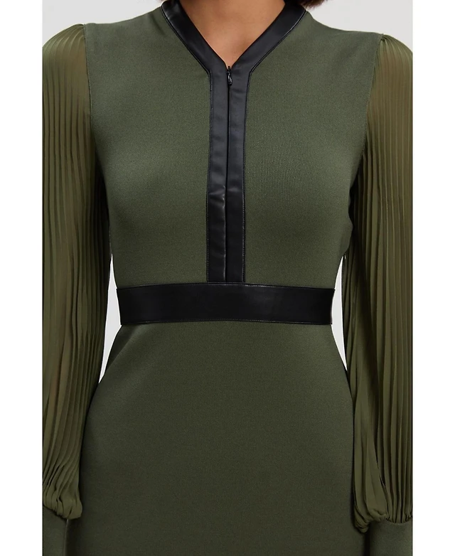 karen millen green pleated dress Bright Green KarenMillen Ponte And Georgette Mix Balloon Sleeve Cut Out Detail Pleated Maxi Dress