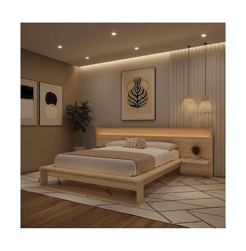 Nexera Lido Slatted Bedframe with Wide Headboard Lights and Shelves