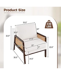 Costway Mid Century Modern Accent Chair Living Room Armchair with Rattan Arms Wooden Frame