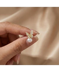 14k Yellow Gold Plated with Pearl Cubic Zirconia Butterfly Earrings in Sterling Silver