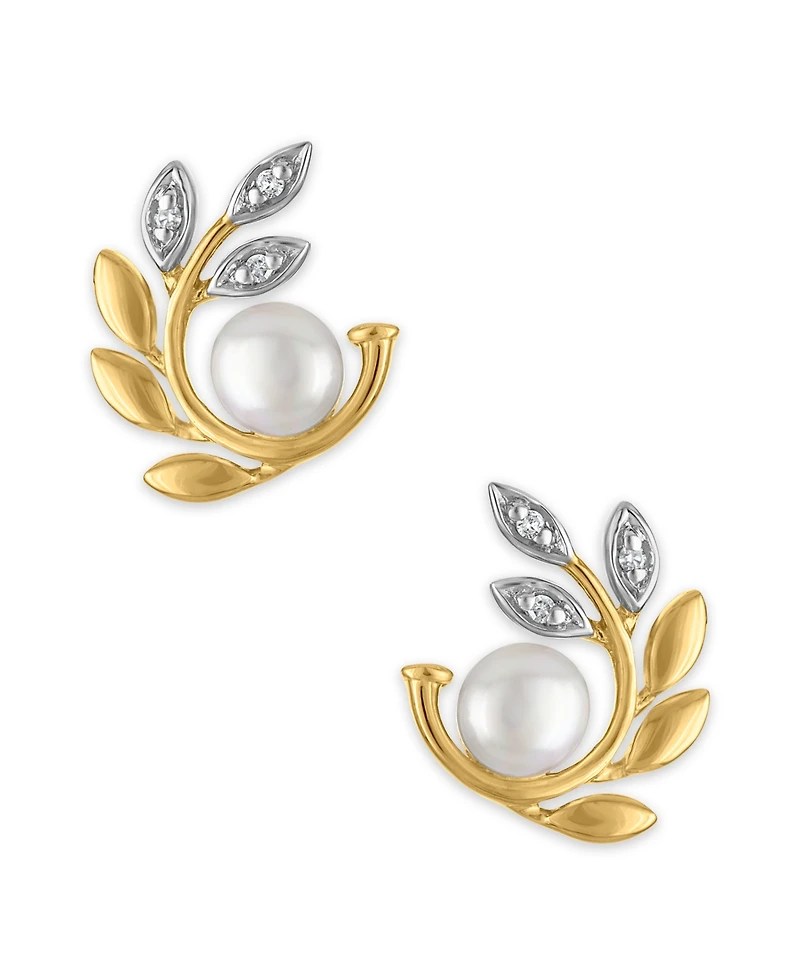 Macy's Cultured Freshwater Pearl (4mm) & Diamond Accent Olive Branch Earrings in 14k Gold Over Sterling Silver