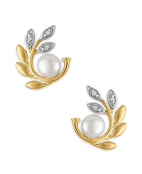 Macy's Cultured Freshwater Pearl (4mm) & Diamond Accent Olive Branch Earrings in 14k Gold Over Sterling Silver