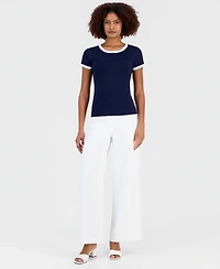 T Tahari Women's Contrast-Trim Short-Sleeve Knit Top