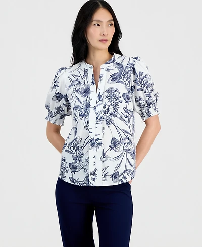 T Tahari Women's Printed Split-Neck Top
