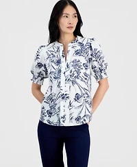 T Tahari Women's Printed Split-Neck Top