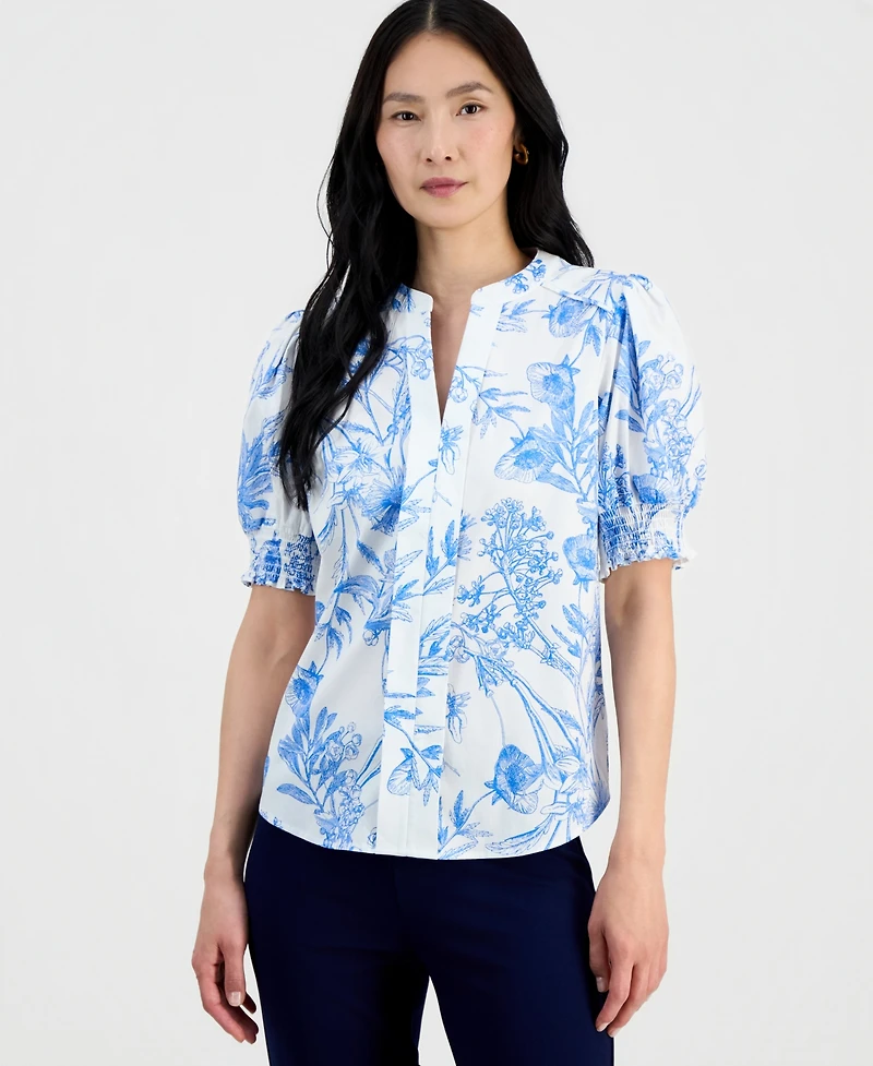 T Tahari Women's Printed Split-Neck Top
