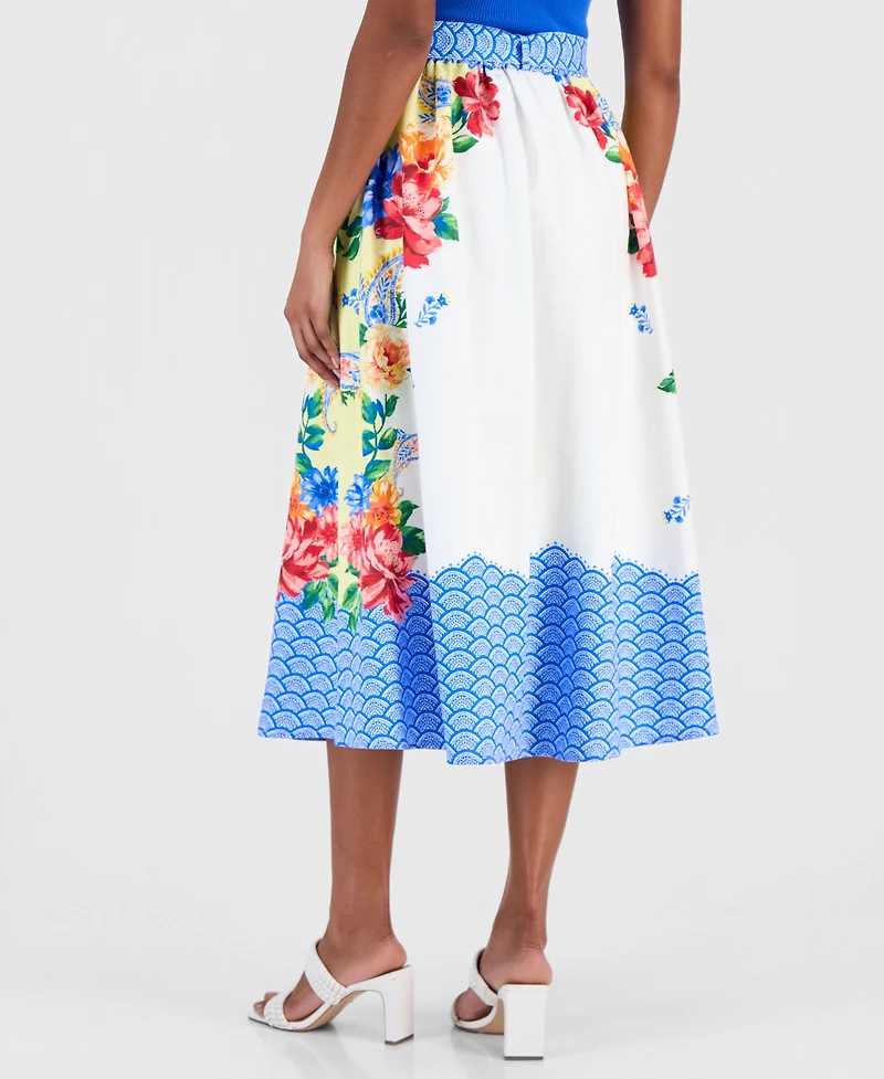 T Tahari Women's Printed Belted Pull-On Midi Skirt