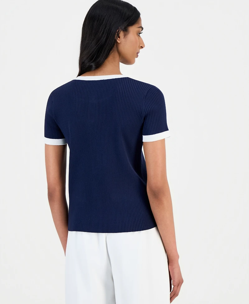 T Tahari Women's Ribbed Short-Sleeve Cardigan Sweater