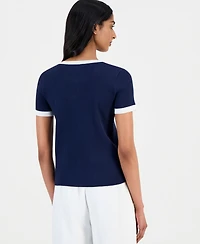 T Tahari Women's Ribbed Short-Sleeve Cardigan Sweater