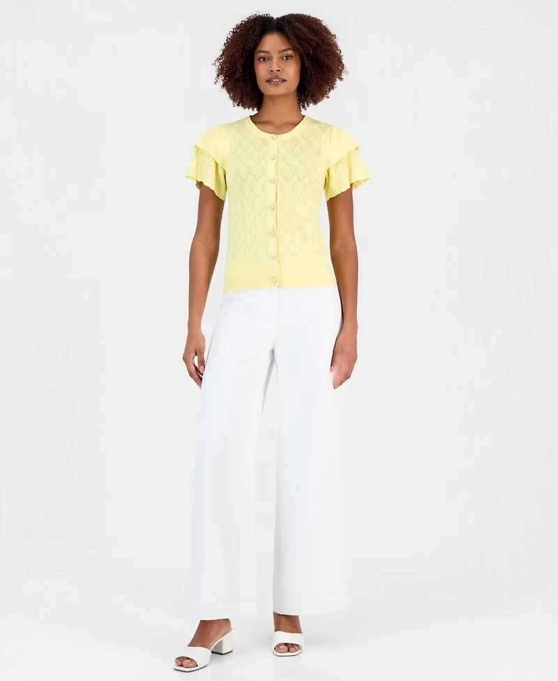 T Tahari Women's Pointelle Flutter-Sleeve Cardigan Sweater