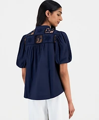 T Tahari Women's Split-Neck Lace-Yoke Puff-Sleeve Top