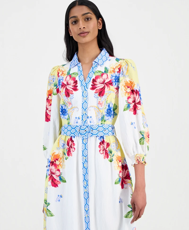 T Tahari Women's Printed 3/4-Sleeve Midi Shirt Dress