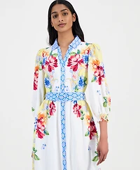 T Tahari Women's Printed 3/4-Sleeve Midi Shirt Dress