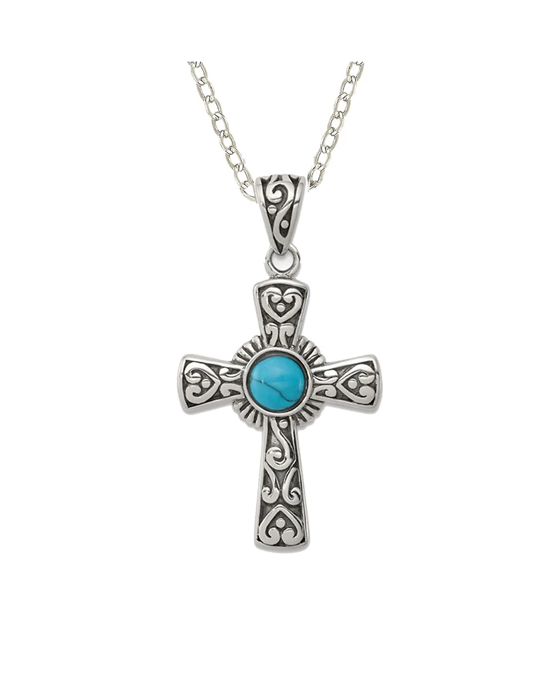 Curata Jewelry 925 Sterling Silver 18 Inch Oxidized Simulated Turquoise Religious Faith Cross Necklace