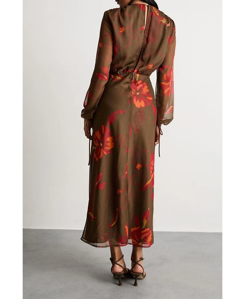 Warehouse Women's Printed V Neck Tie Detail Midi Dress