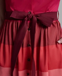 Bcbg Women's Short Sleeve Wide Lapel Cotton Stripe Mini Shirt Dress