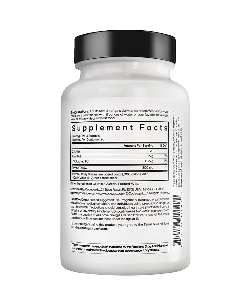 Amen Beef Tallow, Grass-Fed Bovine Tallow Nutrients, Whole-Food Paleo, Skin Support, 90 Capsules