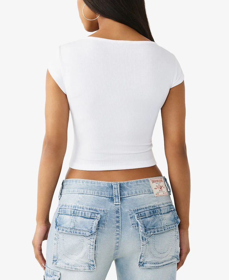 True Religion Women's Crystal Horseshoe Cut Out Rib Top