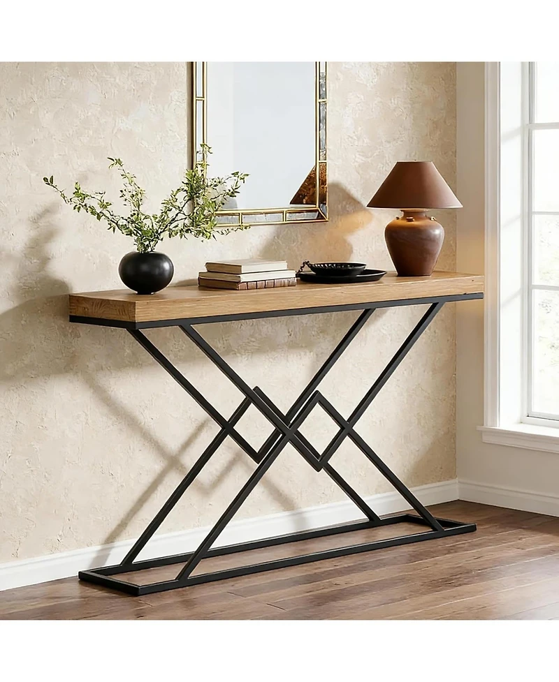 Tribesigns Solid Wood Console Table, 47.2" Industrial Entryway Table with Geometric Metal Frame