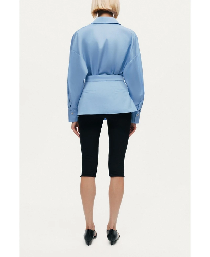 Nocturne Women's Belted V-Neck Poplin Shirt