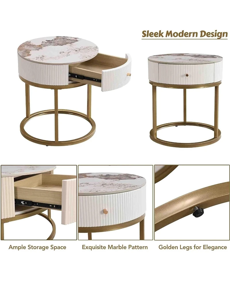 Rainsken Marble Round Nightstand, Modern End Table with Drawer and Gold Metal Frame, Bedside Storage Table for Living Room Bedroom