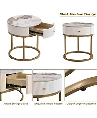 Rainsken Marble Round Nightstand, Modern End Table with Drawer and Gold Metal Frame, Bedside Storage Table for Living Room Bedroom