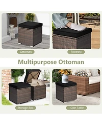 Gymax 2PCS Rattan Ottomans Seat Side Table Storage Box Footstool w/ Black Cushion Patio