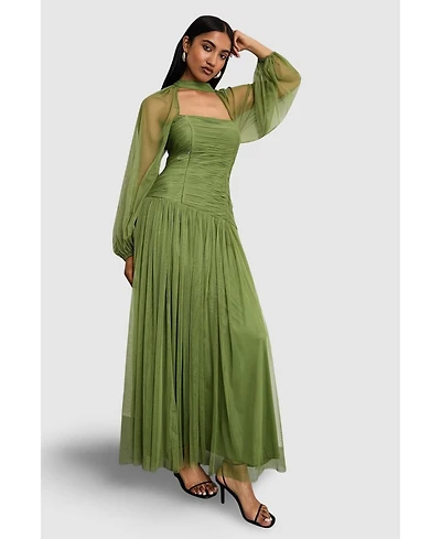 Warehouse Women's Bow Detail Gathered Tulle Maxi Dress