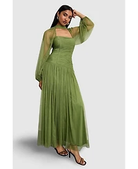 Warehouse Women's Bow Detail Gathered Tulle Maxi Dress