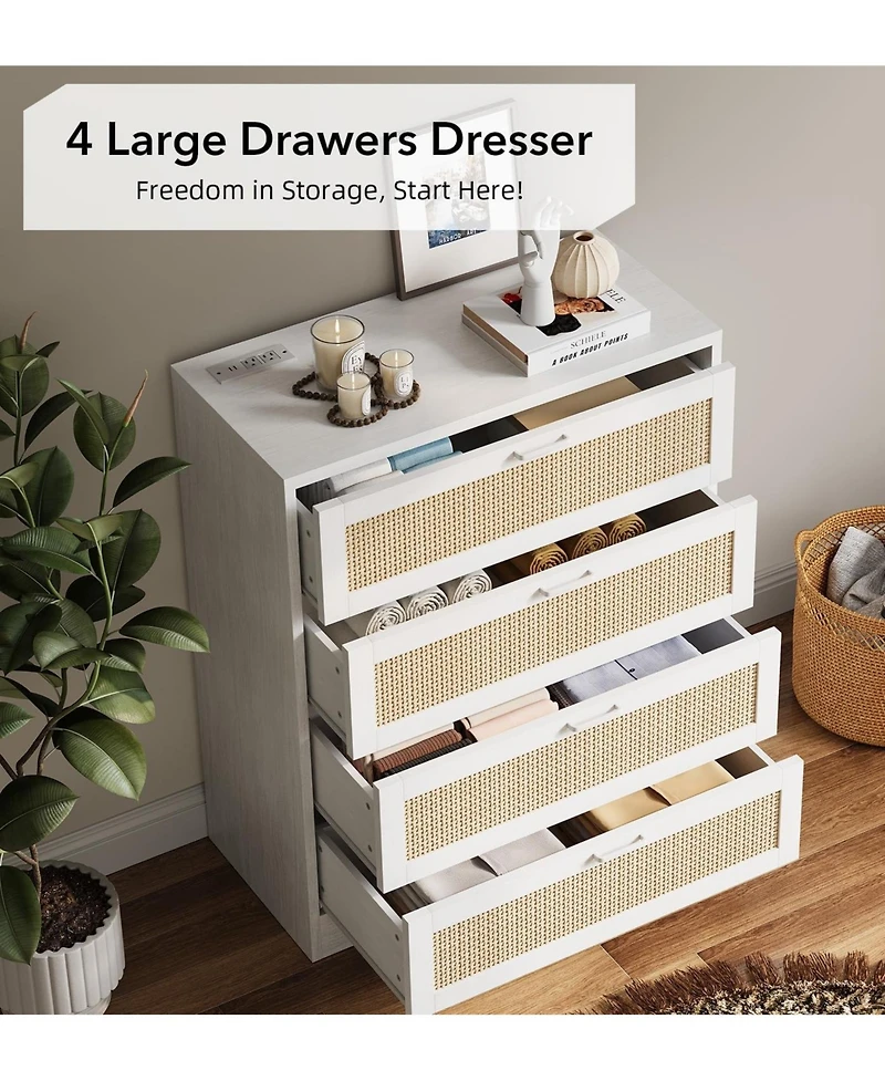 gaomon Tall 4 Drawer Wooden Rattan Dresser with Metal Pulls and Built In Power Ports