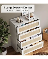 gaomon Tall 4 Drawer Wooden Rattan Dresser with Metal Pulls and Built In Power Ports