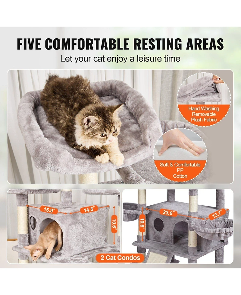 Aostirmotor Light Grey Indoor Cat Tower, 68.5" with Condos, Scratching Posts, Hammocks & Ramp, Pet Furniture