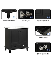 Sillysis 30" Bathroom Vanity with Sink, Multi-Functional Storage Cabinet with Doors and Drawer, Solid Wood & Mdf for Small Bathrooms