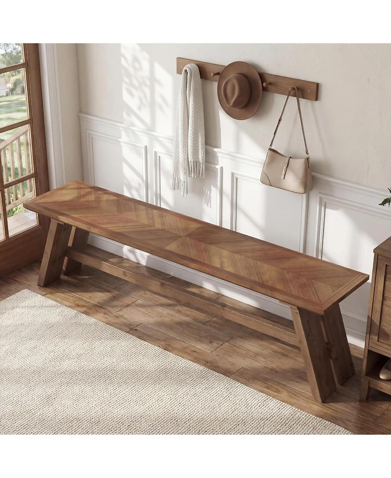 Tribesigns 63 Inch Extra Long Solid Wood Entryway Bench, 2-Tier Farmhouse Shoe Storage Bench with Unique Herringbone Pattern