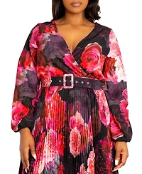 Buxom Couture Plus Women's Floral Pleated Maxi Dress with Belt