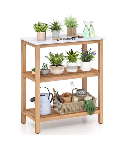 Gymax 3-Tier Patio Garden Potting Bench Table with Acacia Wood 2 Slatted Shelves