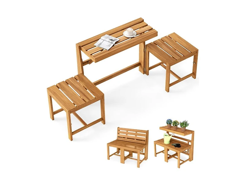 Slickblue Outdoor 3-in-1 Acacia Wood Bench Loveseat with Slatted Design