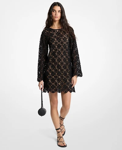 Michael Kors Women's Crochet Crewneck Long-Sleeve Mini Dress