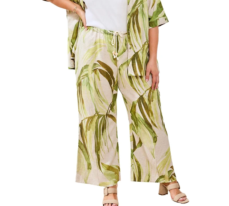 Tribal Plus Printed Linen Flare Pull-On Ankle Pants